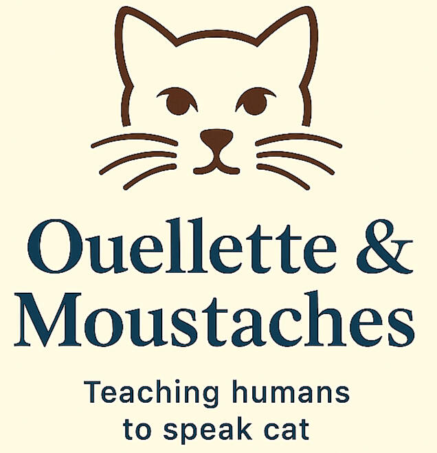 Ouellette & Moustaches logo featuring a minimalist cat face icon with the tagline "Feline Behavior Consultancy."